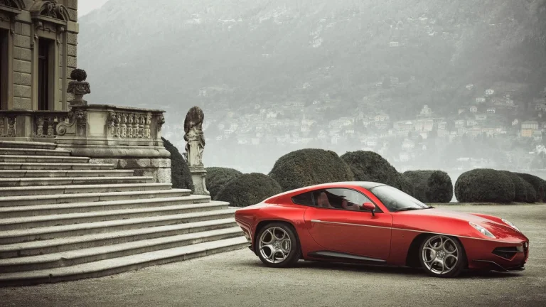 червона alfa romeo disco volante біля підніжжя старовинної вілли на озері комо, alfa romeo disco volante, alfa romeo, альфа ромео, будинки, будівлі, диски, колеса, машини, автомобілі, міста, місто, пейзажі, скульптури, сходи, тумани, туман, авто