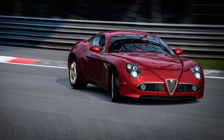 a red alfa romeo 8c competizione on a high-speed turn, alfa romeo red, alfa romeo, cars, automobiles, compartment, headlights, movement, roads, highways, motorways, avenues, driveways, passageways, speed, sports cars, auto, vehicles
