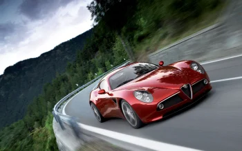 a red alfa romeo 8c competizione on a winding mountain road, alfa romeo 8c, alfa romeo, cars, automobiles, mountains, peaks, hills, movement, roads, highways, motorways, avenues, driveways, passageways, speed, sports cars, auto, vehicles