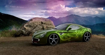 зеленая alfa romeo 8c competizione на фоне горных вершин, alfa romeo 8c, alfa romeo, альфа ромео, вечер, вечера, сумерки, горы, вершины, холмы, диски, колеса, закаты, закат, купе, машины, автомобили, небо, облака, тучи, пейзажи, спорткары, авто