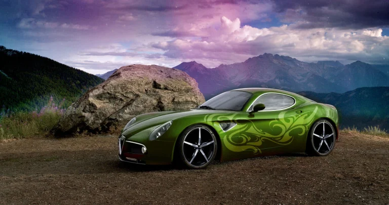 a green alfa romeo 8c competizione against a backdrop of mountain peaks, alfa romeo 8c, alfa romeo, cars, automobiles, clouds, compartment, discs, wheels, evening, evenings, twilight, dus, landscapes, mountains, peaks, hills, sky, sports cars, sunsets, sunset, auto, vehicles