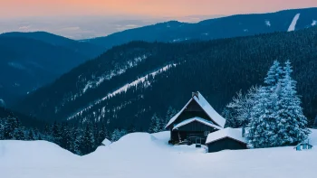 a secluded wooden cabin in the snow-covered alps, alps, fir trees, coniferous trees, forest, forests, landscapes, little houses, huts, cottages, mountains, peaks, hills, snow, winter, winters, nature, world