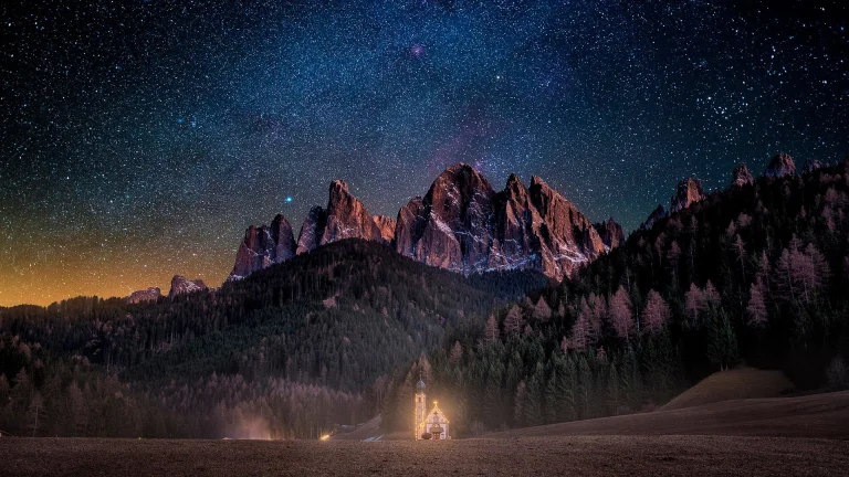 st. john's church in the dolomites, alps, churches, forest, forests, italy, landscapes, milky way, mountains, peaks, hills, night lights, lights, streetlights, street lamps, lighting, night, sky, stars, sunsets, sunset, nature, world