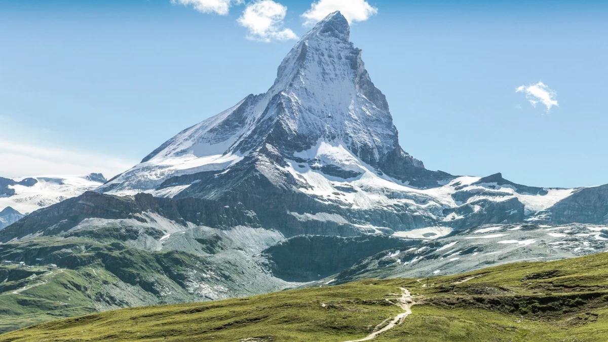 the snow-capped peak of the matterhorn, alps, landscapes, mountains, peaks, hills, paths, trails, pathways, snow, switzerland, nature, world