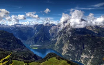 lake königssee, surrounded by the bavarian alps, alps, clouds, forest, forests, germany, lakes, bodies of water, landscapes, mountains, peaks, hills, nature, world