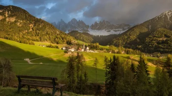 the evening sun's rays over the italian valley of val di funes, alps, churches, clouds, forest, forests, italy, landscapes, mountains, peaks, hills, sunsets, sunset, trees, valleys, villages, settlements, nature, world