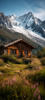 a wooden chalet at the foot of the snow-capped alps, alps, flowers, herb, herbs, lawns, landscapes, little houses, huts, cottages, mountains, peaks, hills, snow, summer, nature, world