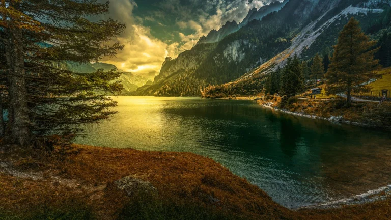 The golden light of sunset over Lake Gozau in Austria