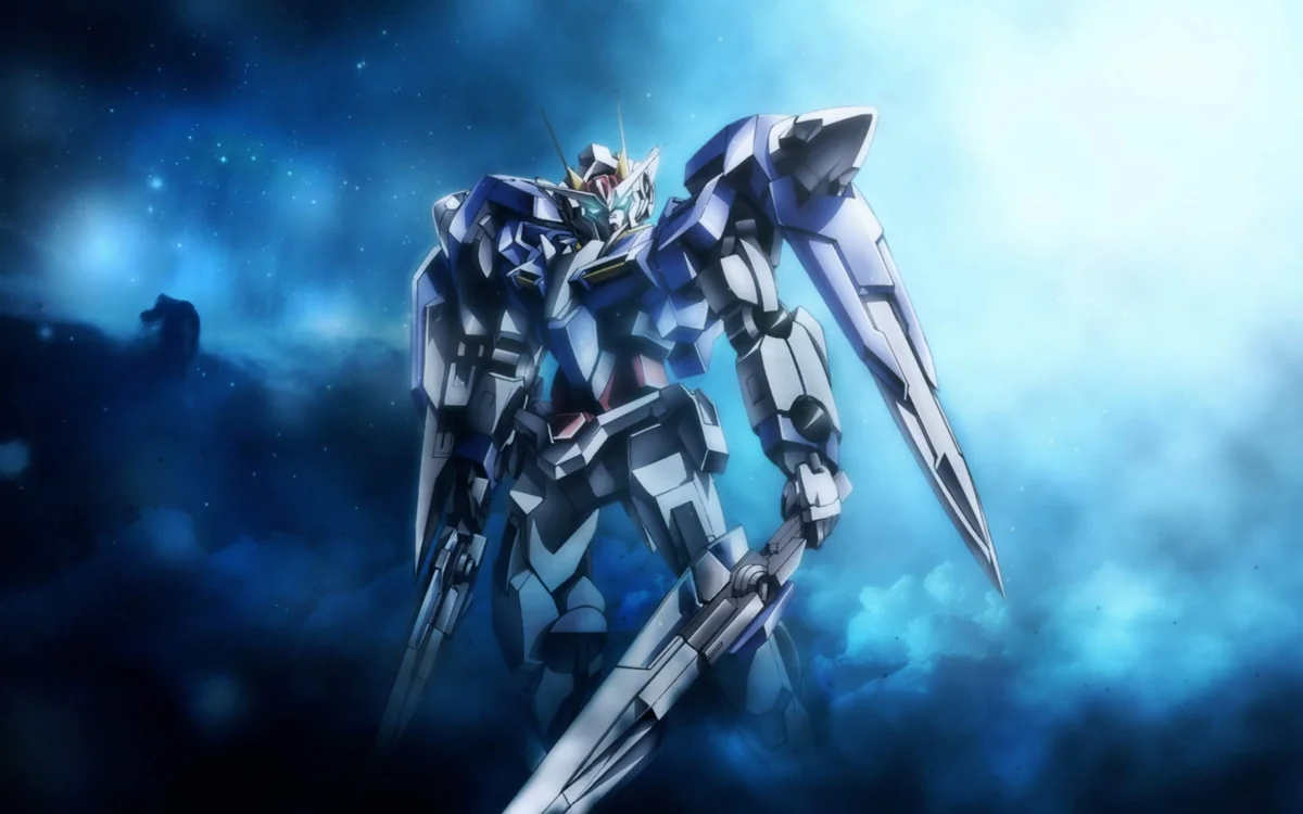 The Mighty Gundam Exia in the Glow of a Cosmic Nebula