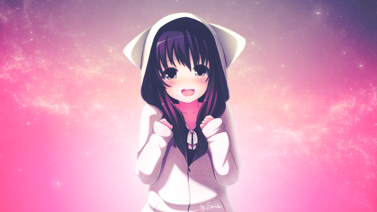 A girl in a hoodie with cat ears