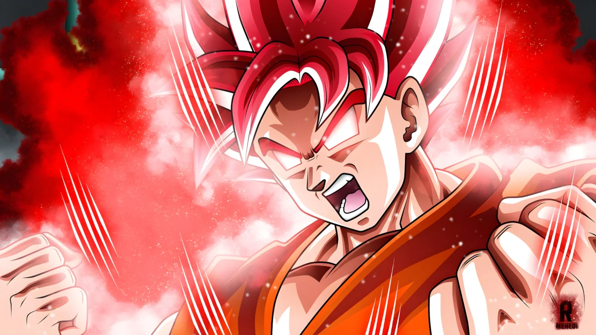 Goku in his Super Saiyan God form, surrounded by a bright red aura