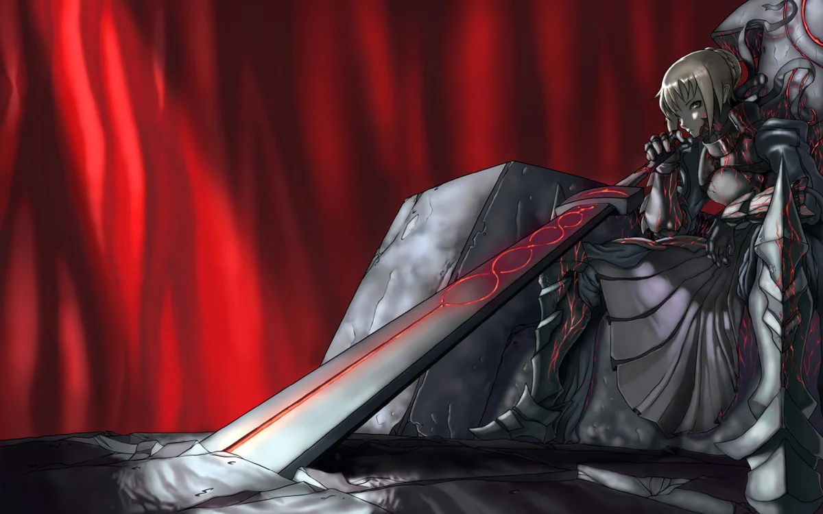 Saber Alter on the throne, bathed in a red glow