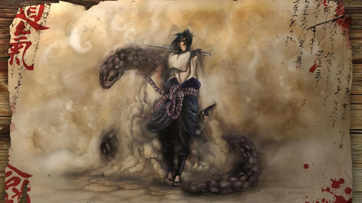 sasuke uchiha with a summoning snake on an ancient scroll, animation, anime, characters, actors, fantasy, japan, snakes, warriors, other