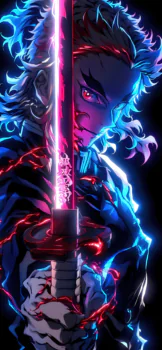 Kejuro Rengoku with his flaming Nitin blade in the neon light