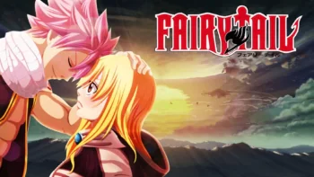 Natsu Dragneel and Lucy Heartfilia against the backdrop of the sunset sky in Fairy Tail