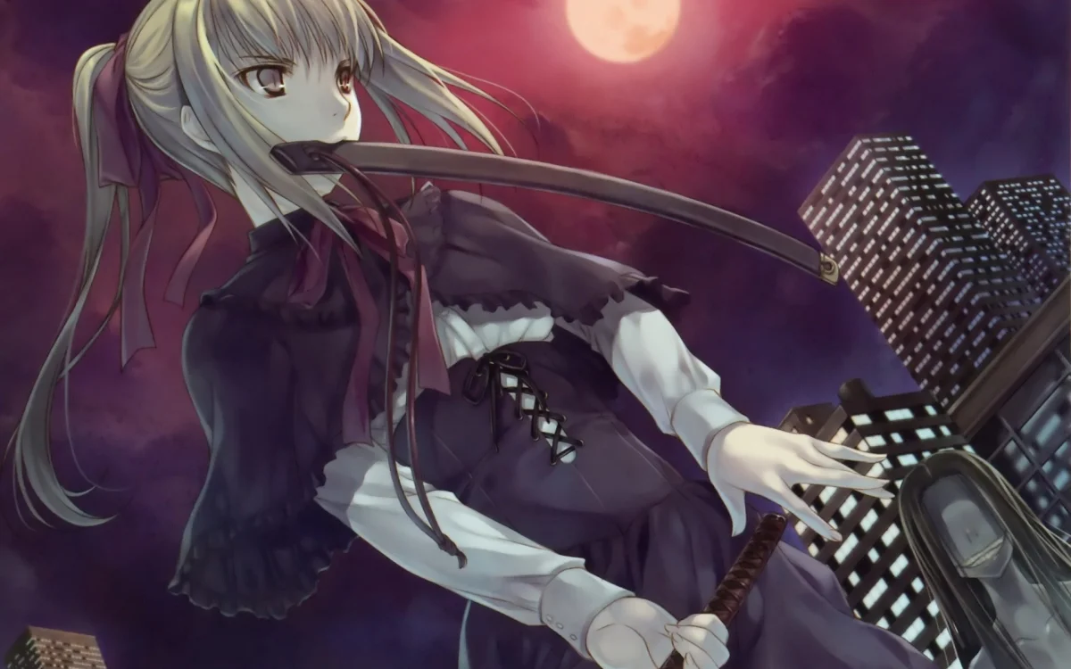 A girl with a katana against the backdrop of a city at night under a blood-red moon
