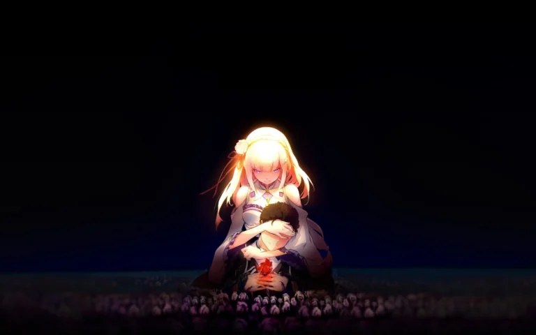 Emilia comforts Subaru Natsuki in the pitch-black darkness