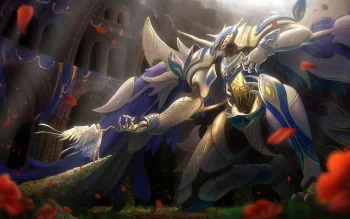 an angel and a mechanical knight meet in the ruins of an ancient temple, angels, animation, anime, fantasy, flowers, japan, knights, robots, wings, other