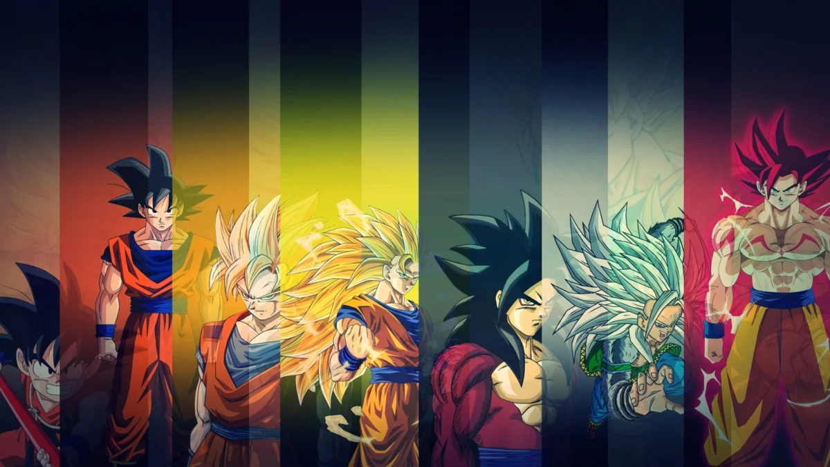 The Evolution of Son Goku's Forms Against a Background of Colored Stripes