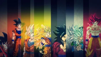 The Evolution of Son Goku's Forms Against a Background of Colored Stripes