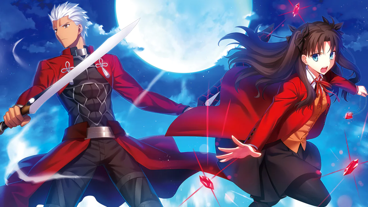 Арчер и Рин Тосака на фоне полной луны в битве из Fate/stay night