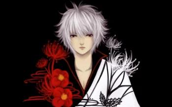A young man with silver hair wearing a traditional kimono