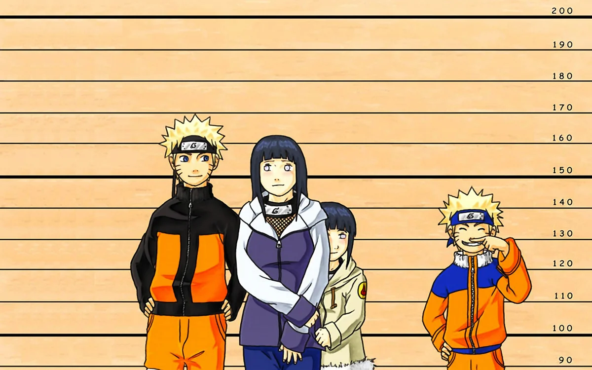 Naruto characters against the backdrop of a height chart