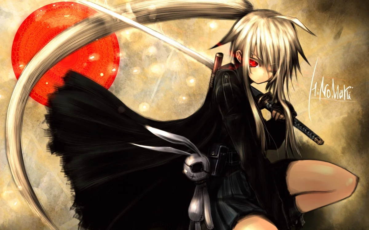 A female warrior with a katana against the backdrop of a red sun