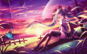 Hatsune Miku against the backdrop of a crimson sunset