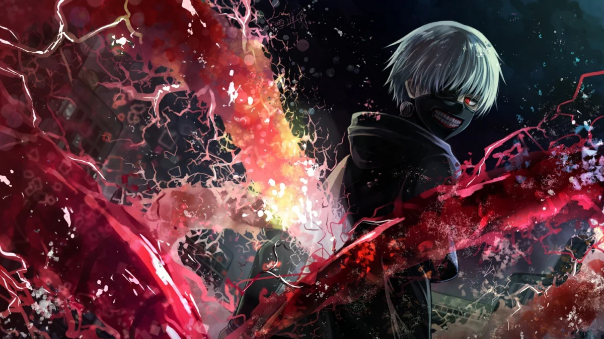 Ken Kaneki surrounded by crimson flashes of kagune