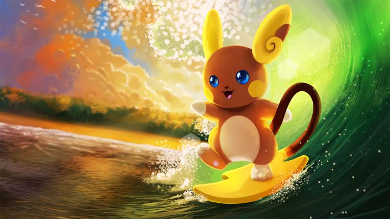 Raichu on a surfboard in the glow of the sunset