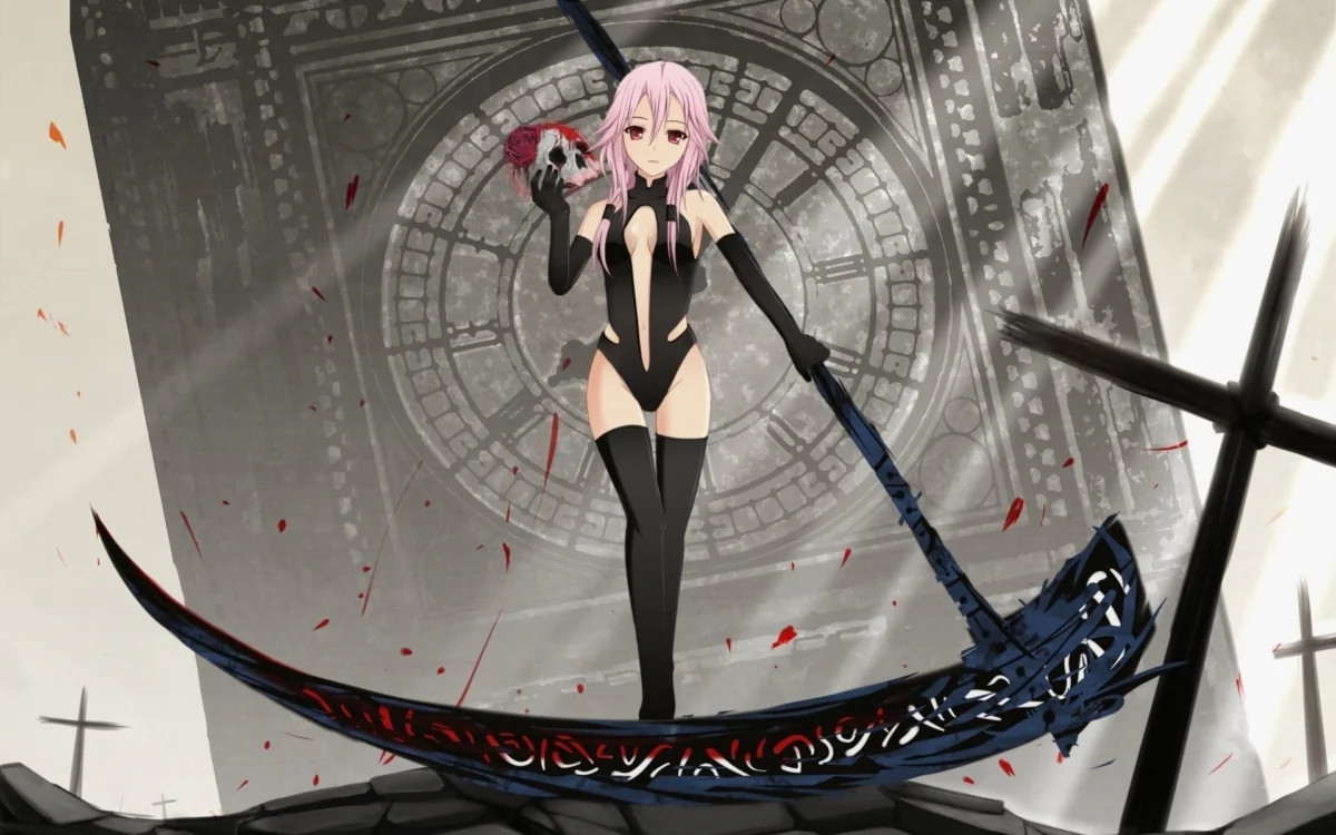 Inori Yuzuriha with a braid, against the backdrop of a Gothic stained-glass window