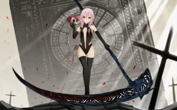 Inori Yuzuriha with a braid, against the backdrop of a Gothic stained-glass window