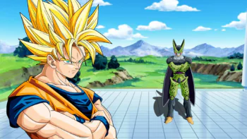 Goku and Cell in the arena on a clear, sunny day
