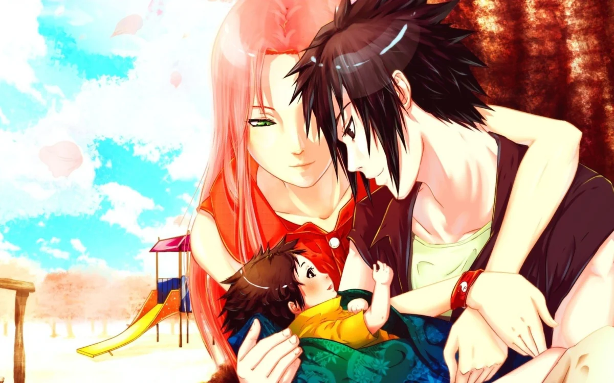 Sakura and Sasuke with little Sarada at the playground