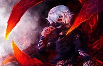 Ken Kaneki with his red kagune tentacles in the dim light