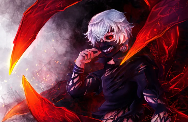 Ken Kaneki with his red kagune tentacles in the dim light