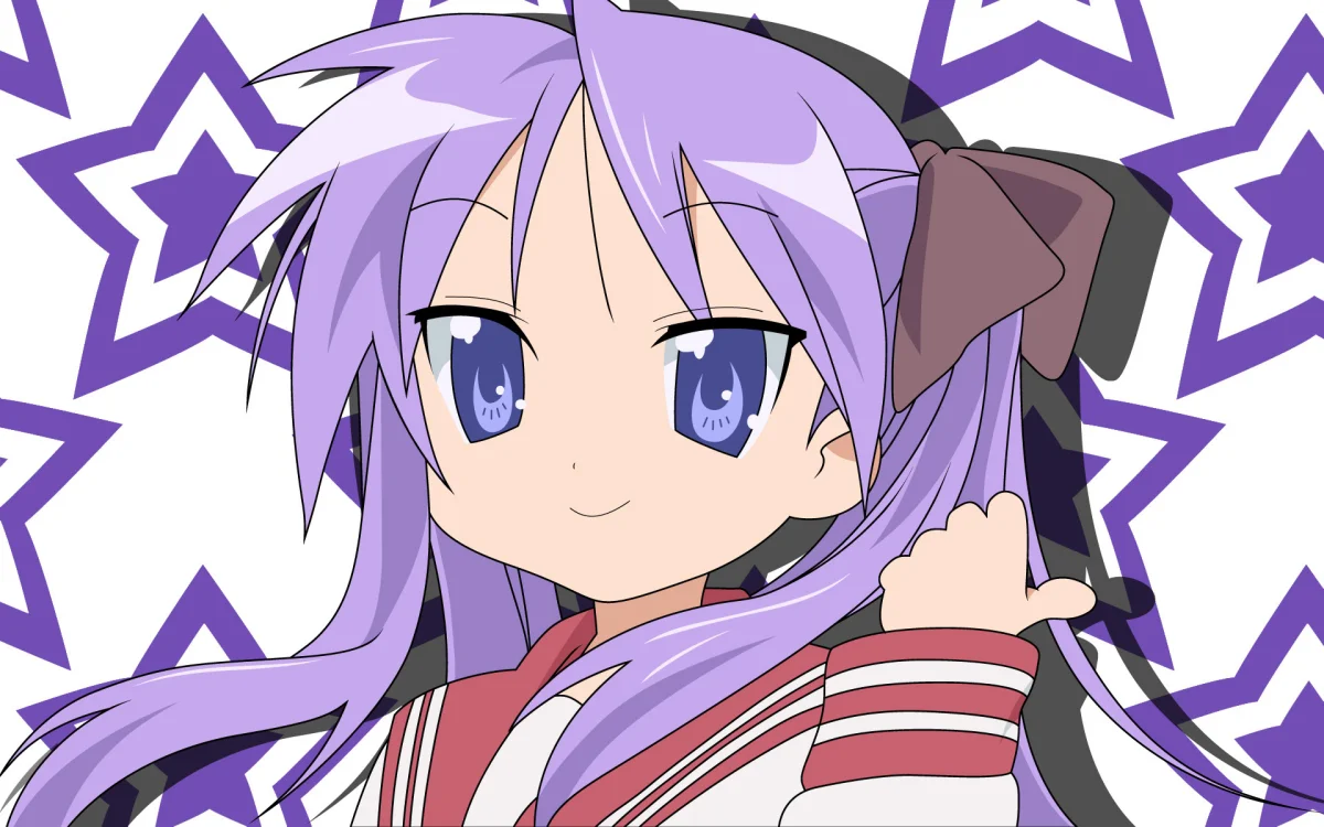 Kagami Hiiragi with purple hair against a starry backdrop