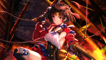 Mumei with a steam weapon against the backdrop of a fiery sunset