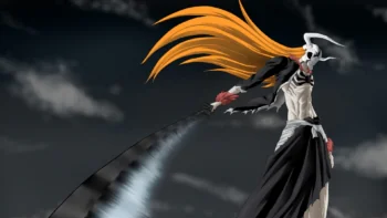 Ichigo Kurosaki in his Blank uniform against a stormy sky