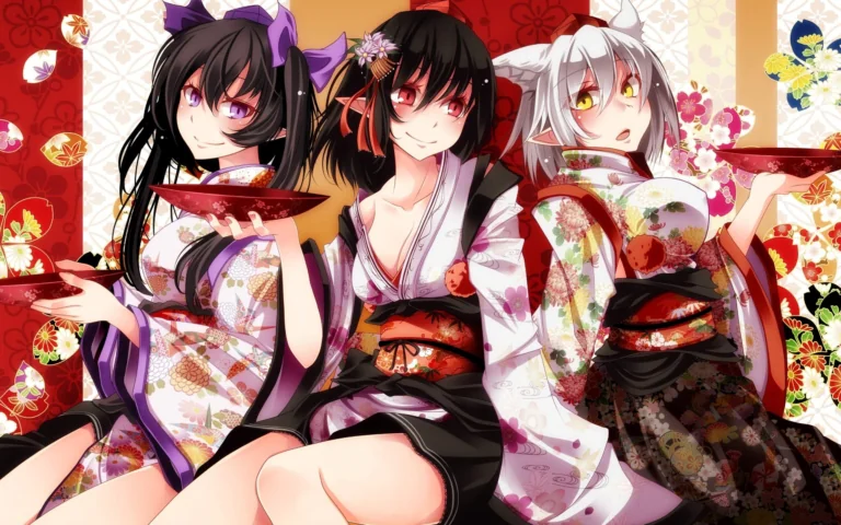 Three young women in traditional kimonos with floral patterns on a golden background