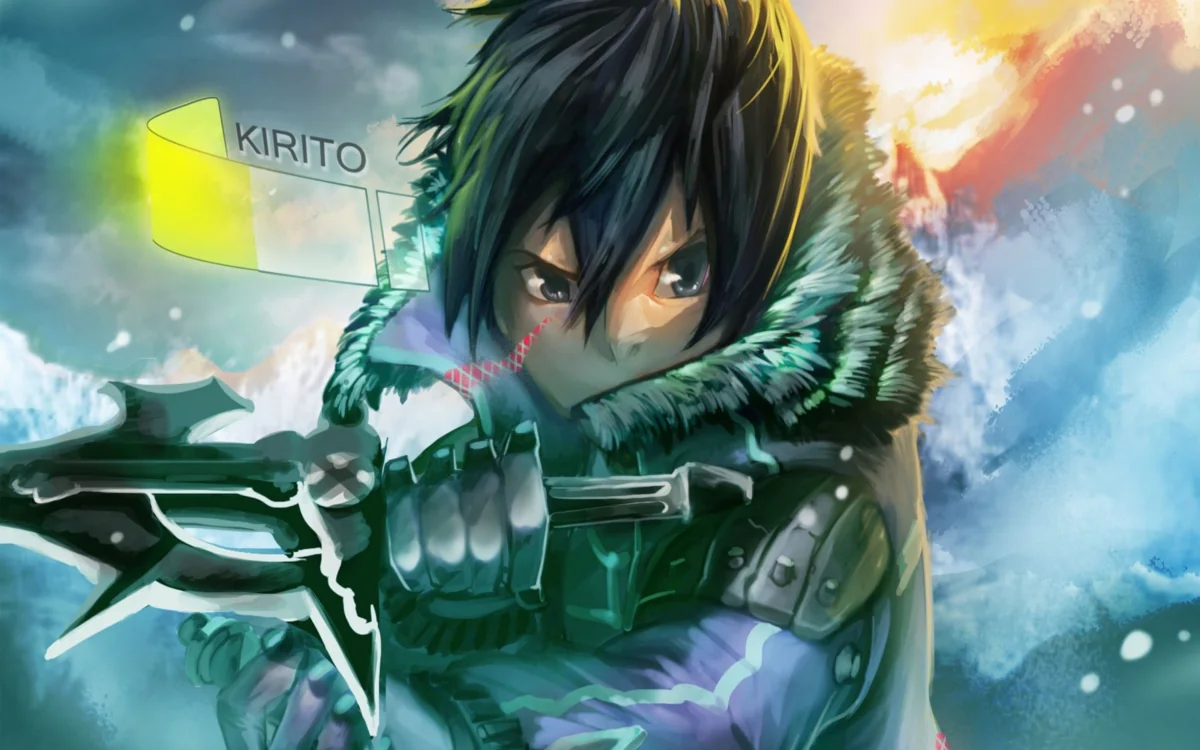 Kirito with a sword against a winter landscape