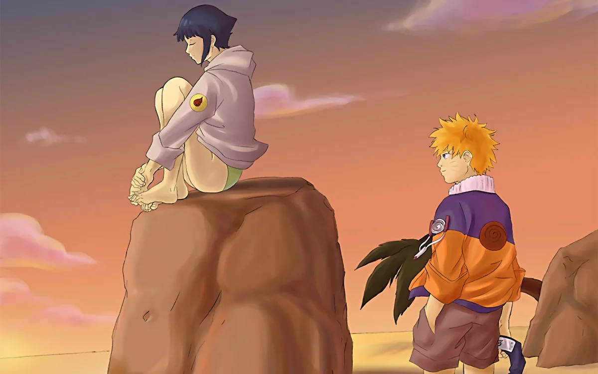 hinata and naruto against the backdrop of the sunset sky, animation, anime, characters, actors, cliffs, japan, naruto, sky, sunsets, sunset, other