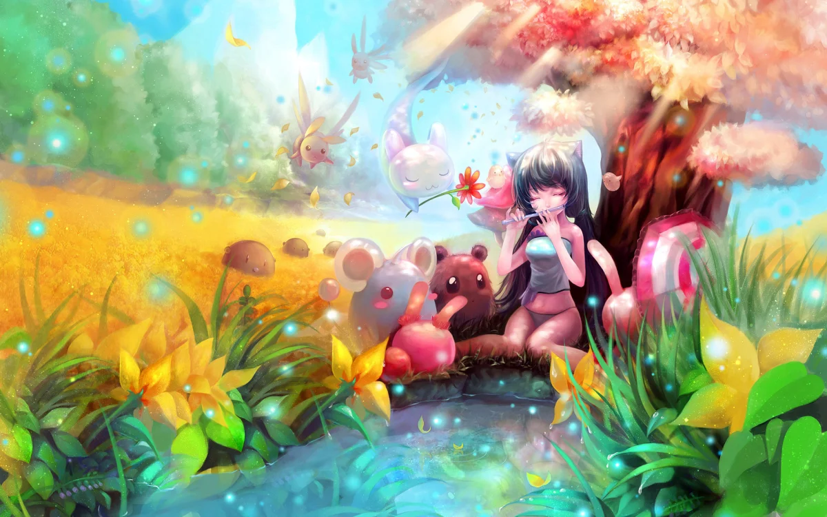 A girl with cat ears is playing the flute in an enchanted forest