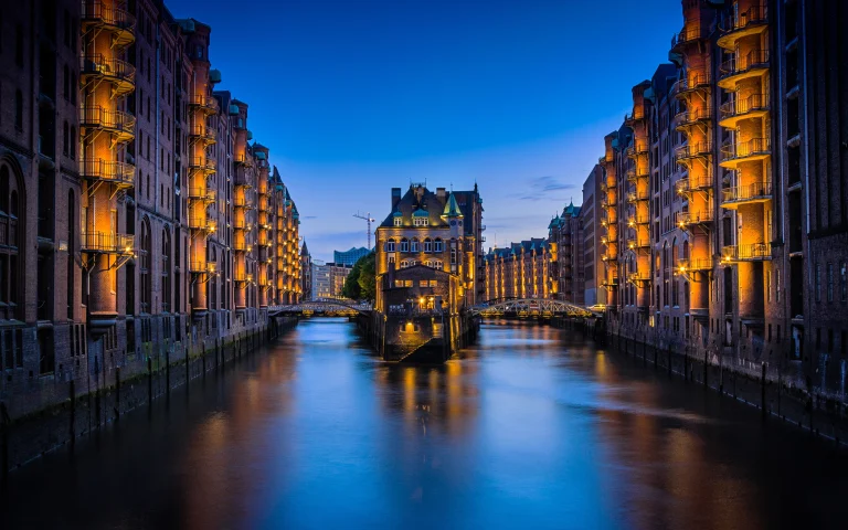 Evening Lights in Hamburg's Speicherstadt Warehouse District