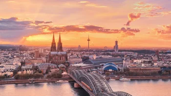 cologne cathedral and the hohenzollern bridge, cologne, bridges, cathedrals, cities, city, cityscape, cityscapes, clouds, cologne cathedral, germany, morning, rivers, canals, streams, ships, vessels, sky, sunrises, dawn, architecture, world