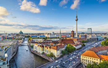 the berlin tv tower and the dome of st. hedwig's cathedral, berlin, bridges, cars, automobiles, cathedrals, cities, city, cityscape, cityscapes, clouds, germany, rivers, canals, streams, roads, highways, motorways, avenues, driveways, passageways, skyscrapers, streets, summer, architecture, world