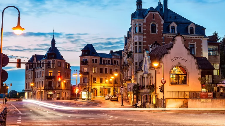 The evening lights of historic buildings in the German city of Dresden