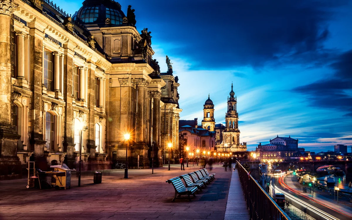 The Lights of the Brühl Terrace in Dresden at Dusk