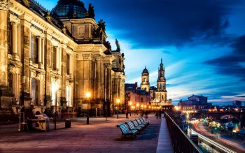 the lights of the brühl terrace in dresden at dusk, brül terrace, attractions, benches, cathedrals, cities, city, clouds, dresden, evening, evenings, twilight, dus, germany, night lights, lights, streetlights, street lamps, lighting, night, sky, waterfronts, marinas, architecture, world